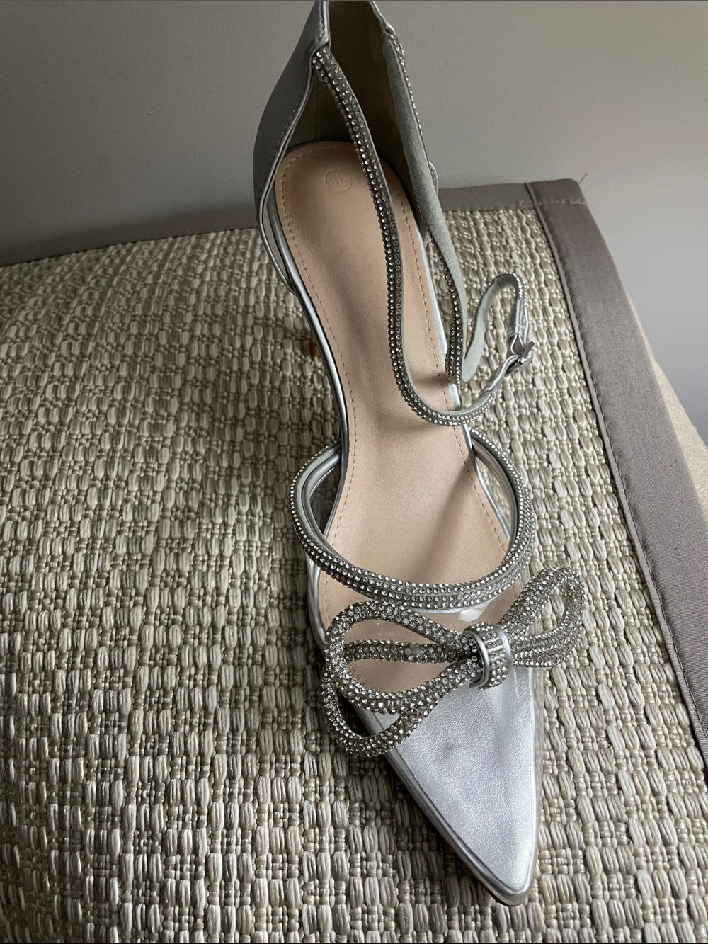 Silver Pointed Toe Women's Dress Pump with Rhinestone Bow